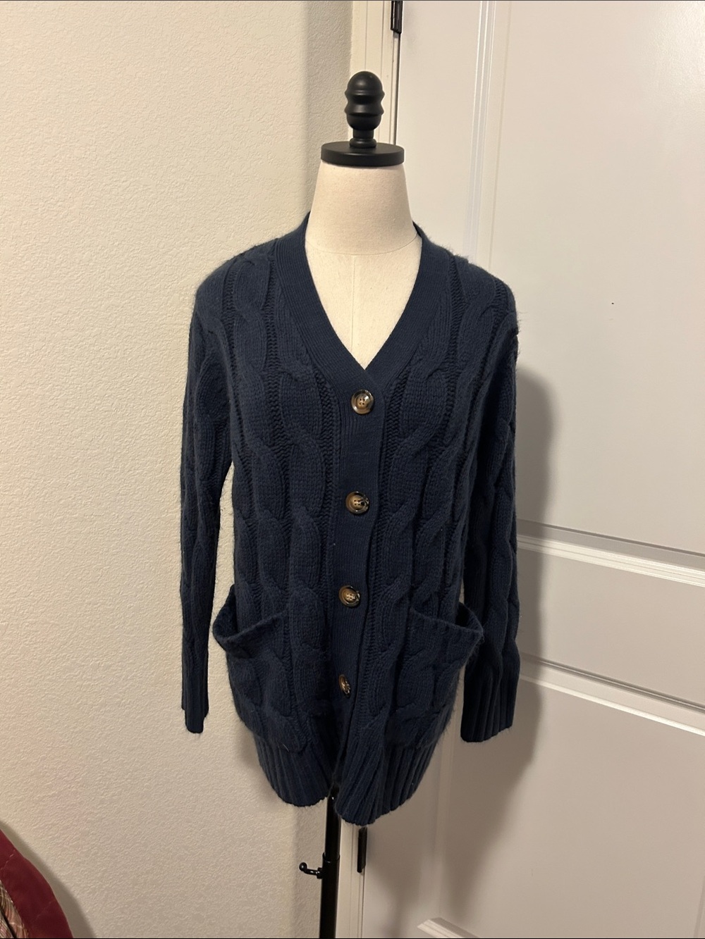 Navy Cable Knit Chunky Button-Up Cardigan Size Medium